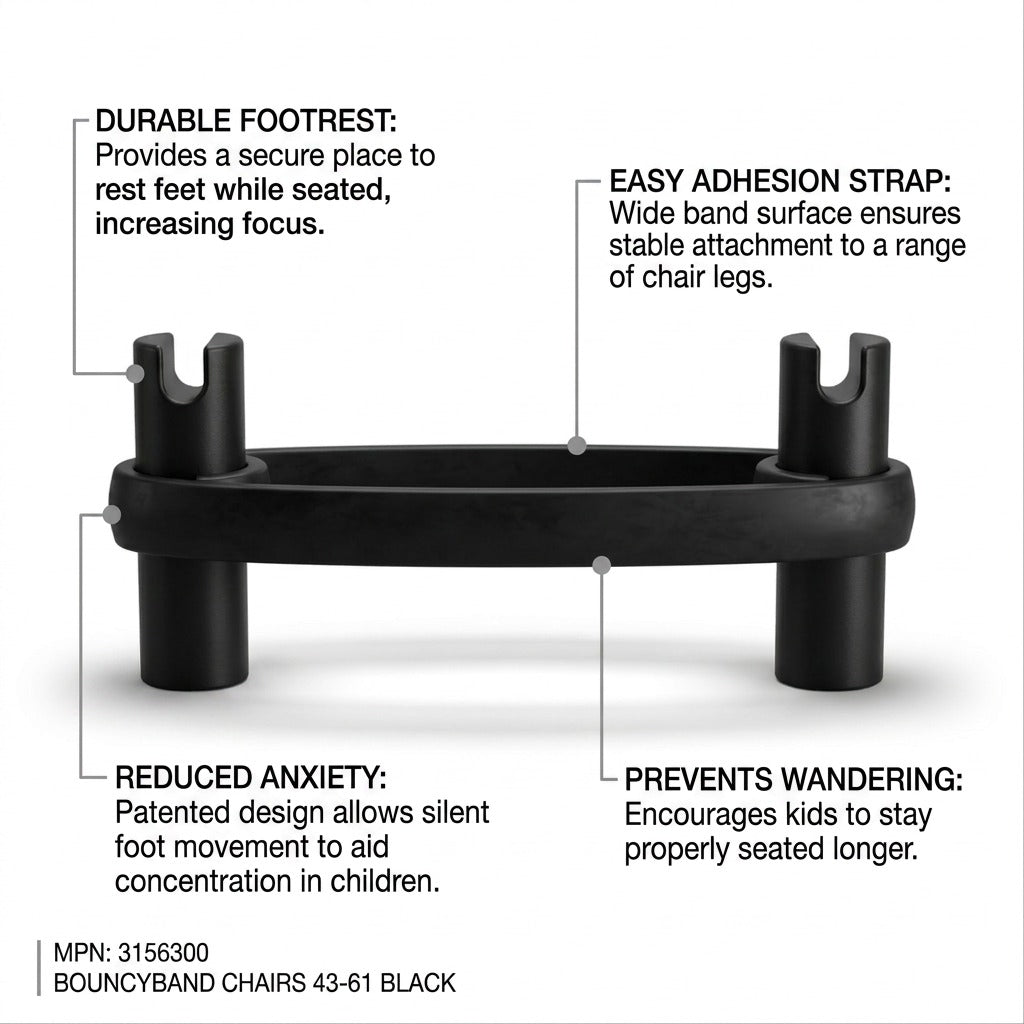 Black BouncyBand for chairs with callouts for durable footrest and easy adhesion strap features.