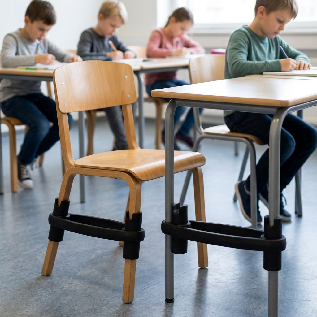 A black BouncyBand for Chairs attached to classroom chairs, providing sensory relief for students.