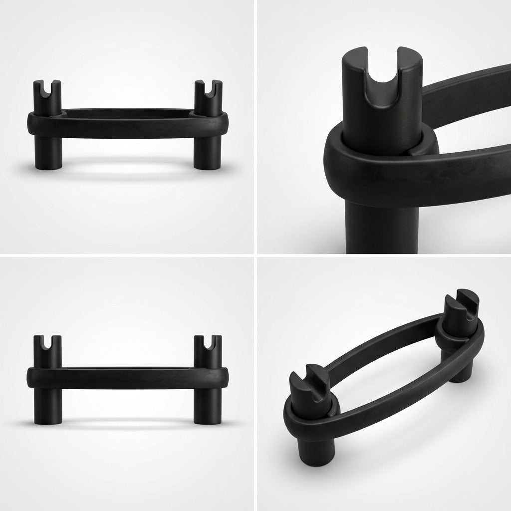 Four-panel view of black BouncyBand for chairs showing the heavy-duty band and leg support pipes.