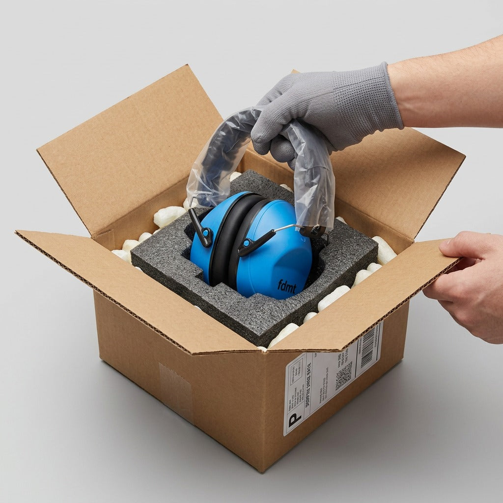 Blue fdmt earmuffs being carefully unboxed from a secure shipping box with foam and packing peanuts.