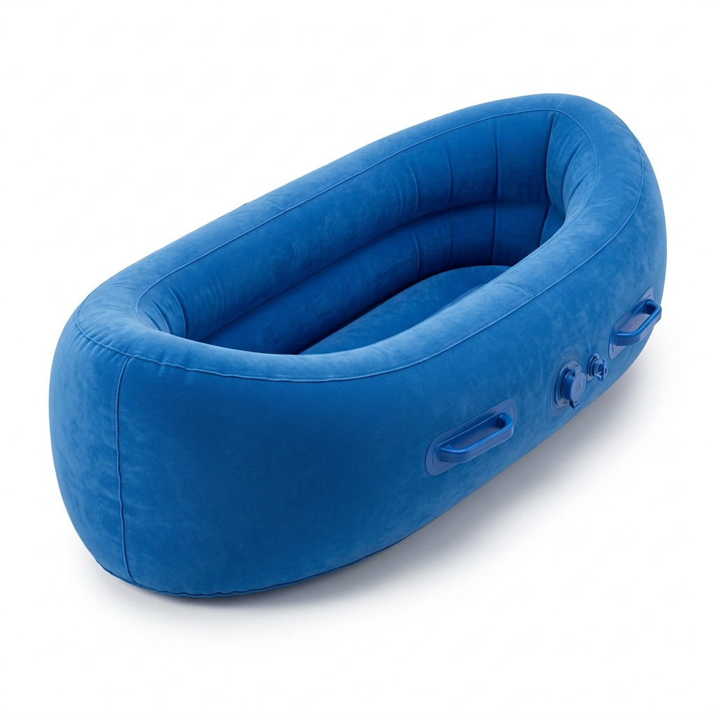 Blue fdmt Inflatable Sensory Pod pea pod chair with a velvet-like texture and side handles.