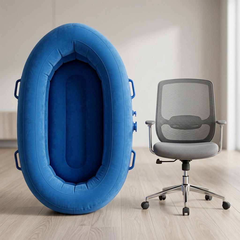 Blue 48 inch fdmt inflatable sensory pod shown upright next to a mesh office chair for scale.