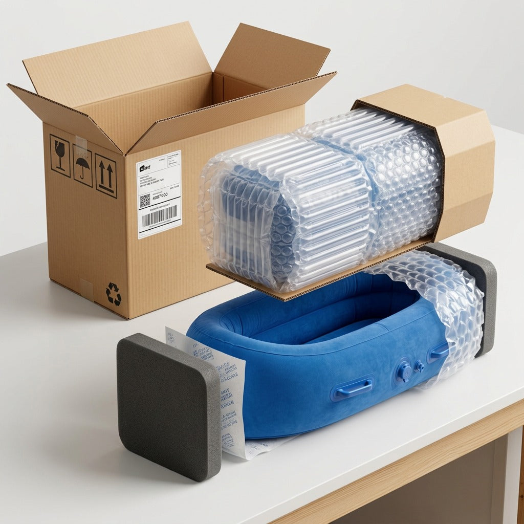 fdmt Inflatable Sensory Pod unboxed on a white table with protective bubble wrap and shipping box.