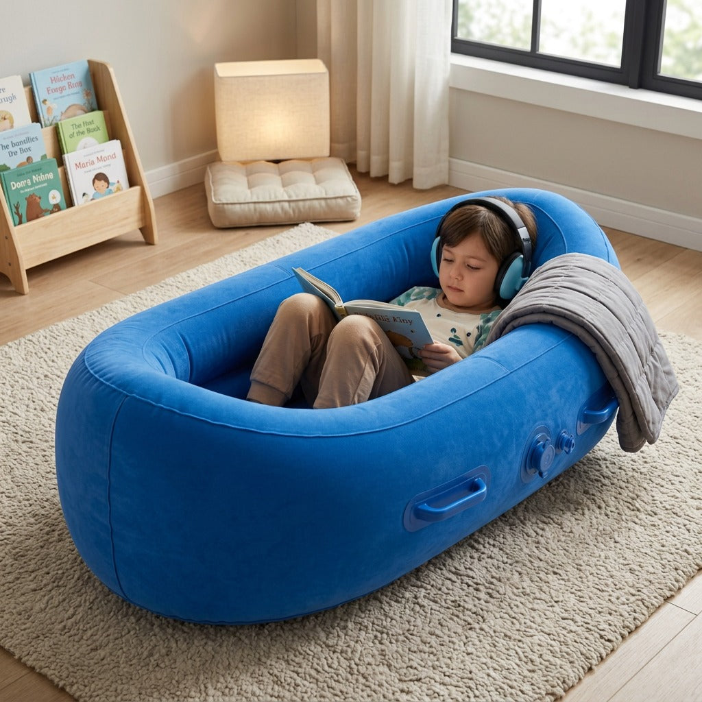 A child reads a book while sitting inside a blue fdmt inflatable sensory pod pea pod chair.