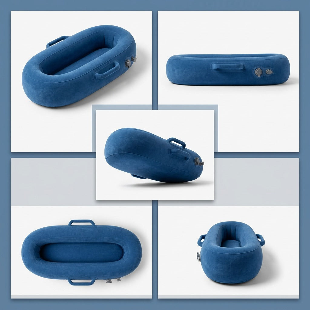 Grid of the fdmt 48 inch Inflatable Sensory Pod in blue showing front, side, and top-down angles.