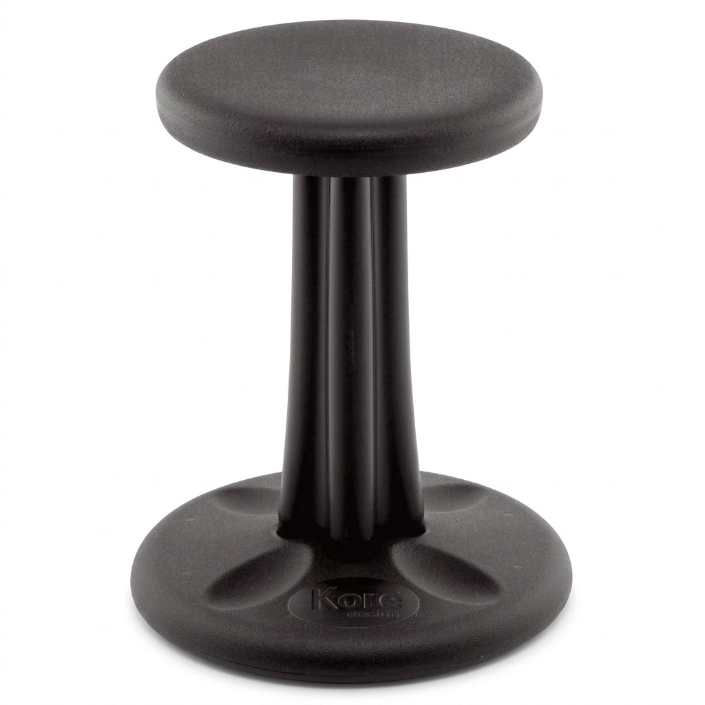 Black fdmt Kore Wobble Stool, 40cm height, with rounded seat and active sitting base on white background.
