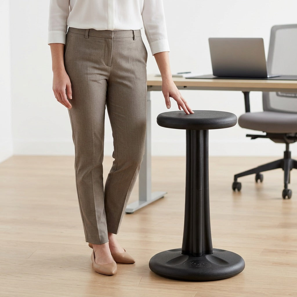 fdmt Kore 40cm Wobble Stool in black shown next to a person and office desk for scale reference.