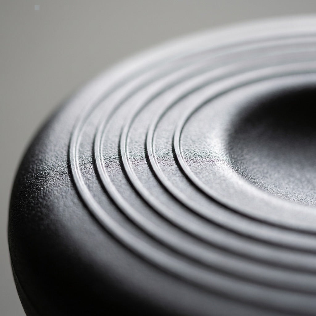 Macro detail of the fdmt Kore Wobble Stool's textured black seat showing concentric grip rings.