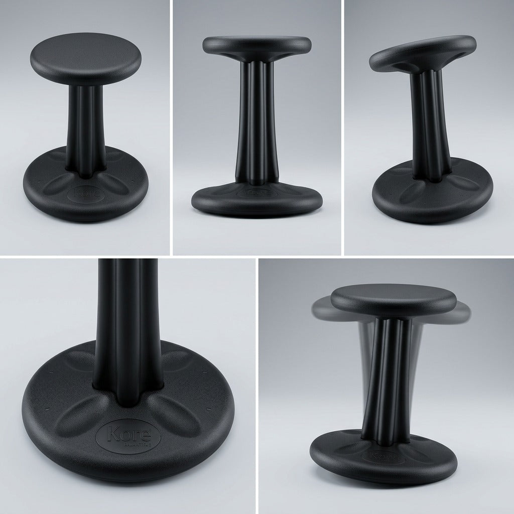 Grid showing the black fdmt Kore Wobble Stool 40cm from multiple angles, highlighting its ergonomic design and motion.