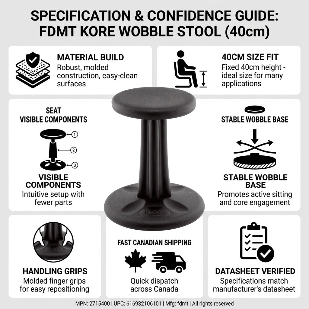 Infographic for black fdmt Kore Wobble Stool 40cm showing material build, 40cm fit, and wobble base.