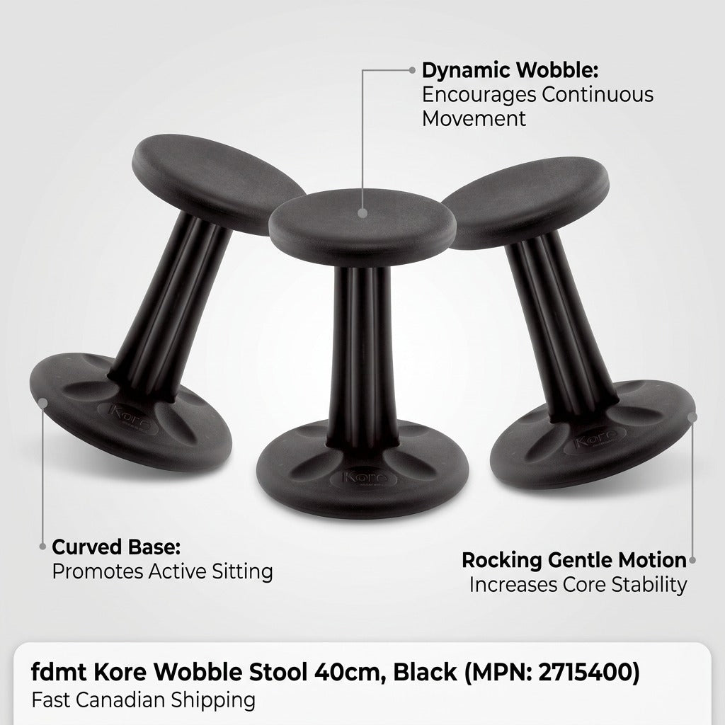 fdmt Kore Wobble Stool infographic showing the curved base and dynamic rocking motion for active sitting.