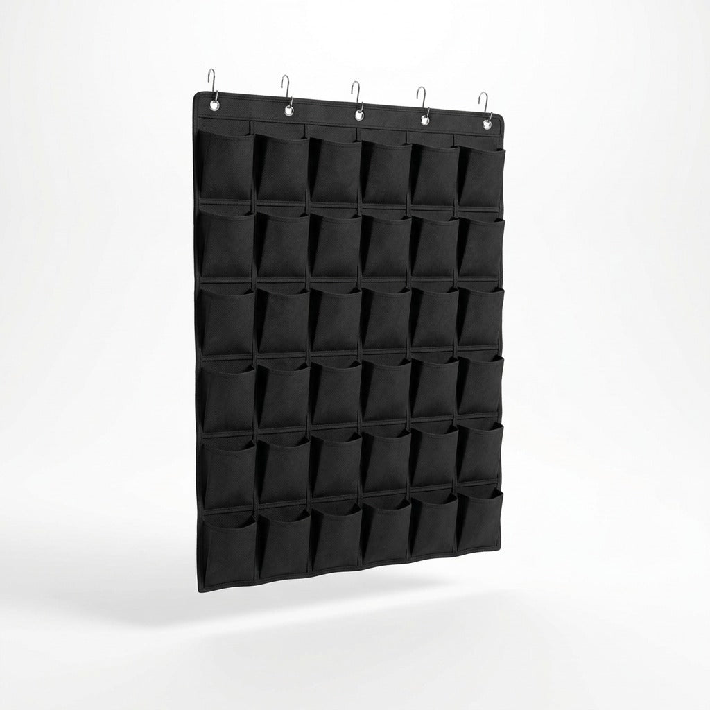 fdmt Kore 36-pocket cell phone storage in black fabric with metal hanging hooks on white background