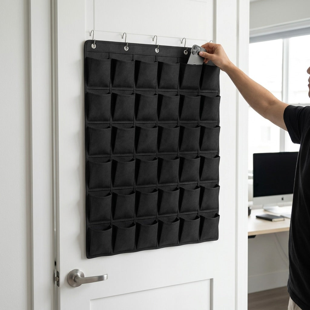Person placing a smartphone into the fdmt Kore 36-pocket hanging storage mounted on a white door.
