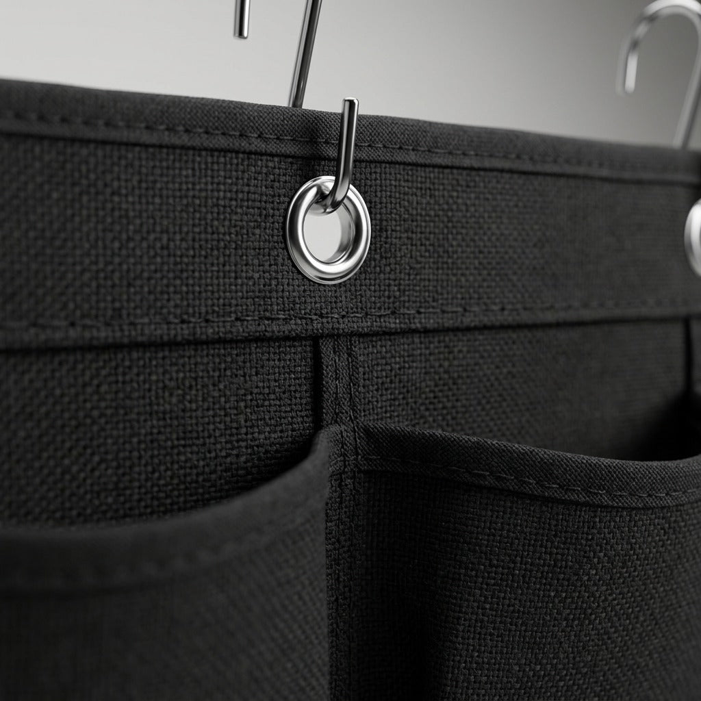 Close-up of the fdmt Kore cell phone storage showing durable black fabric and a metal hanging grommet.