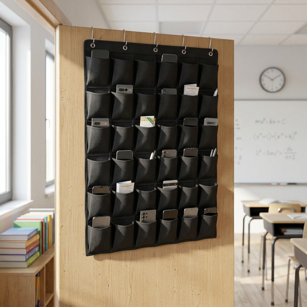 fdmt Kore black 36-pocket hanging organizer for cell phones, mounted on a classroom door.