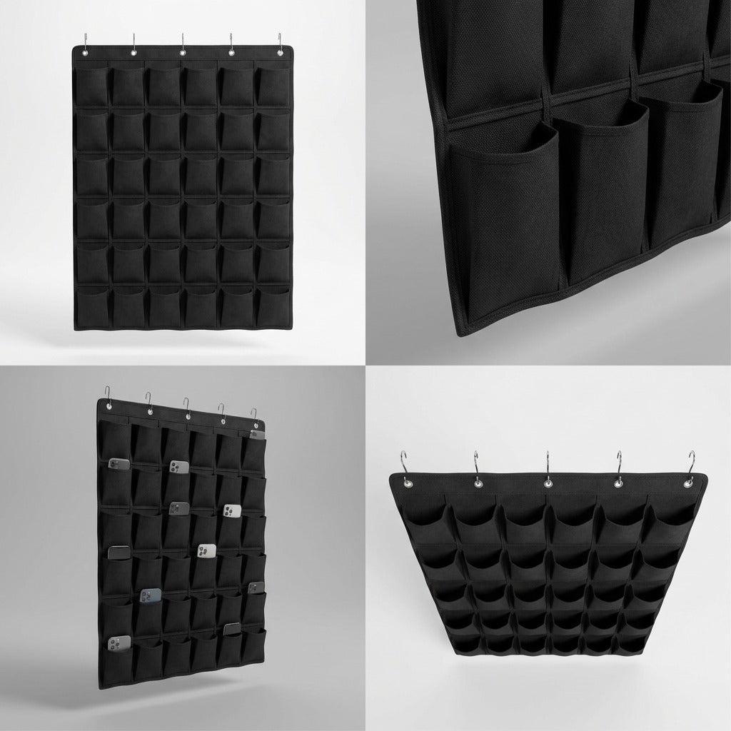 Grid of four views showing the black fdmt Kore 36-pocket storage organizer with hanging hooks.