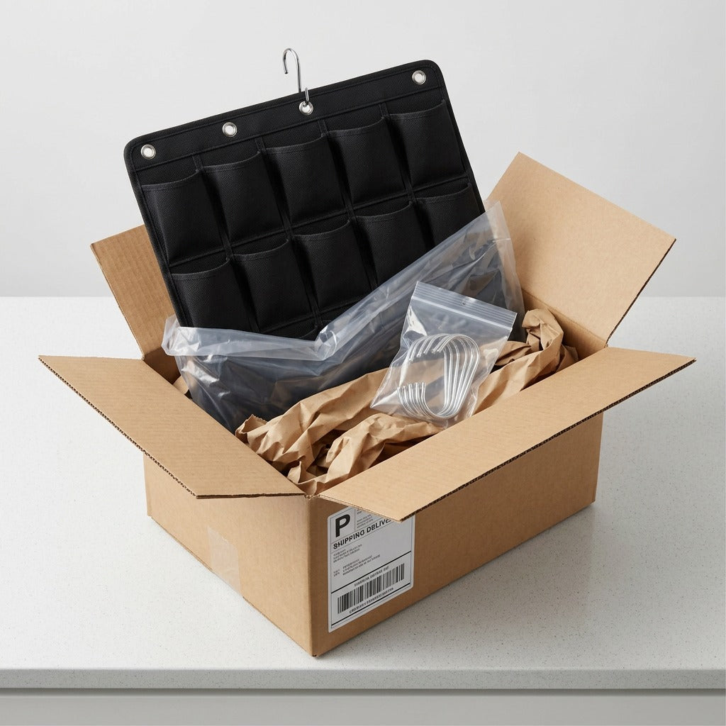 Black fdmt Kore 36 pocket phone storage being unboxed from a secure shipping carton with metal hooks.