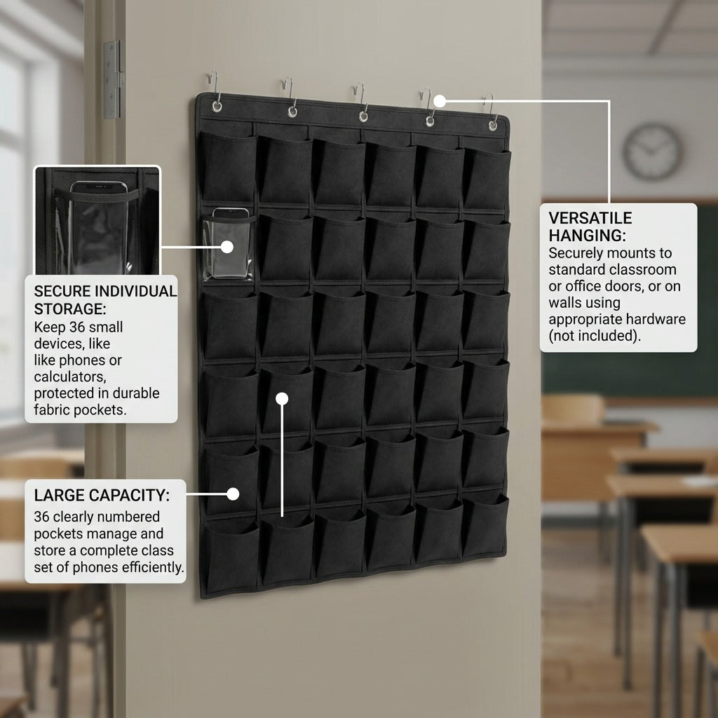 fdmt Kore 36-pocket black storage hanging on a classroom door with callouts for device capacity.