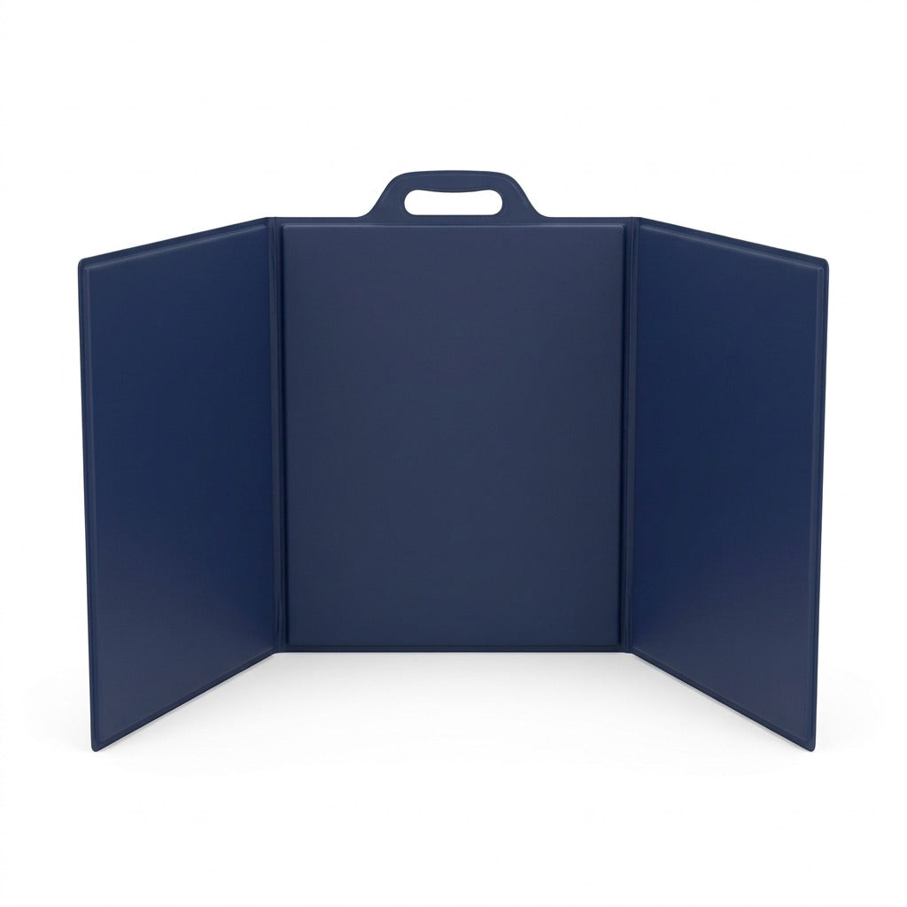fdmt Portable Study Privacy Screen, a foldable navy blue desk divider with carrying handle.