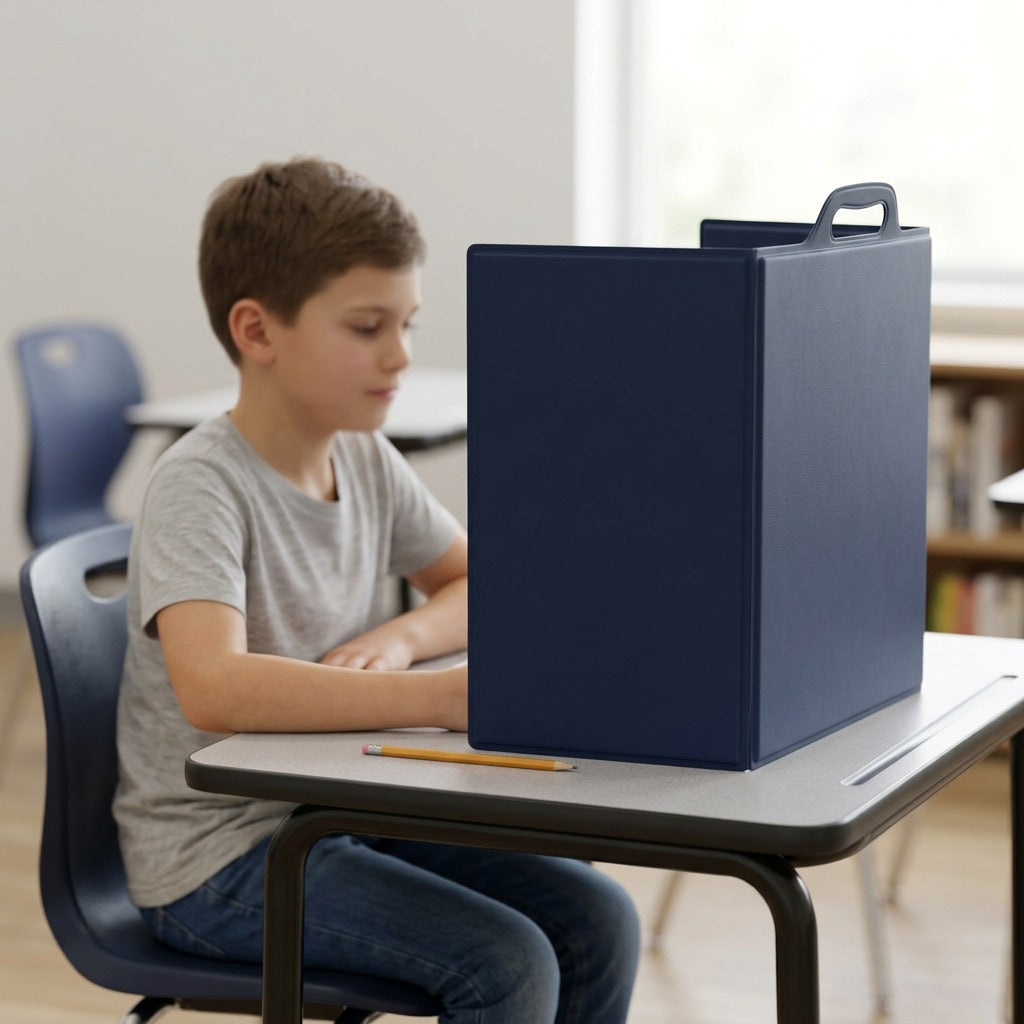 A child sits at a school desk next to the blue fdmt portable study privacy screen for scale.