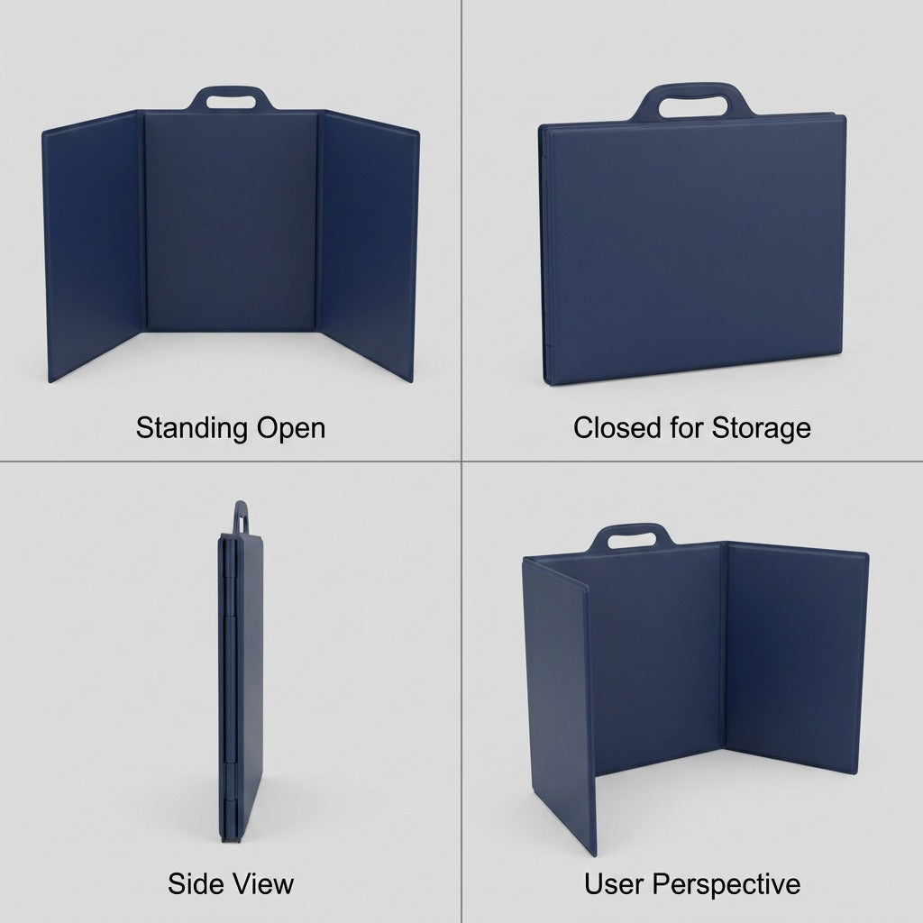 fdmt Portable Study Privacy Screen shown in four views: standing open, folded, side, and angled.