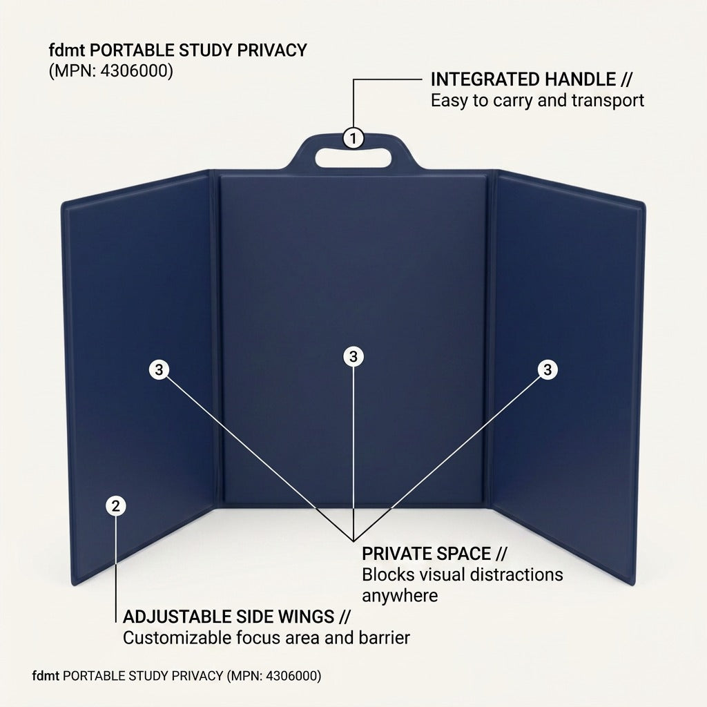 Blue fdmt Portable Study Privacy screen with callouts for integrated handle and adjustable wings.