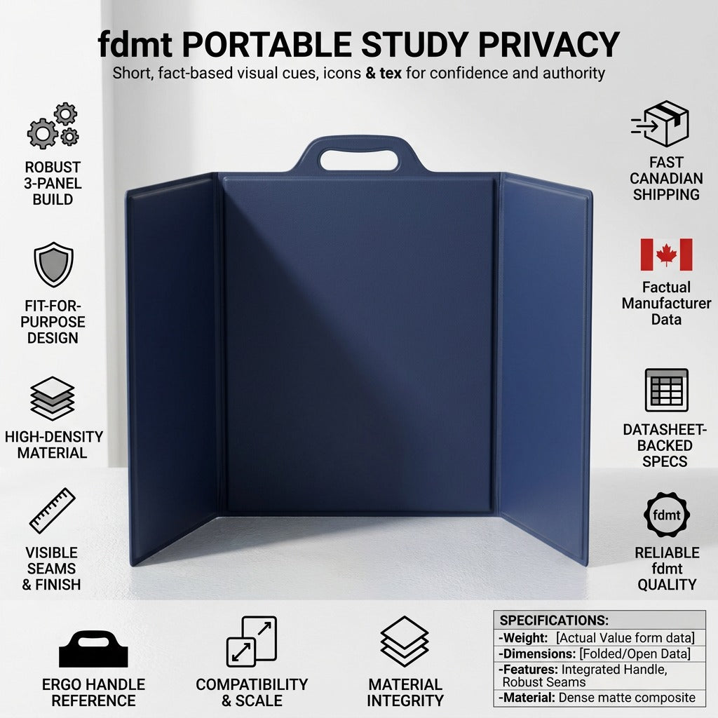 fdmt blue 3-panel portable study privacy screen infographic showing robust build and ergo handle.