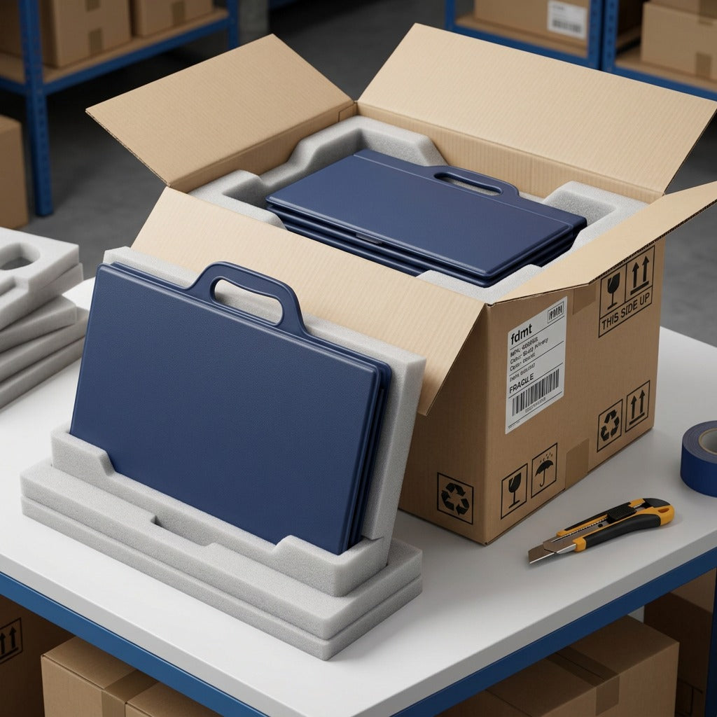 fdmt Portable Study Privacy Screen securely packed in a cardboard shipping box with protective foam.
