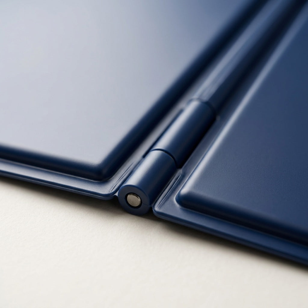 Macro detail of the durable blue hinge and smooth matte surface on the fdmt Portable Study Privacy Screen.