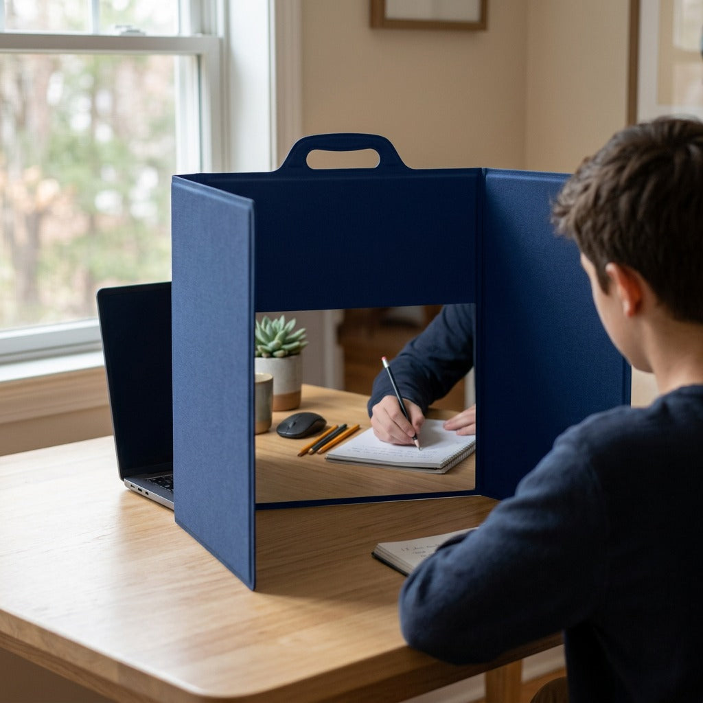 A student using the blue fdmt Portable Study Privacy Screen on a desk to reduce distractions.