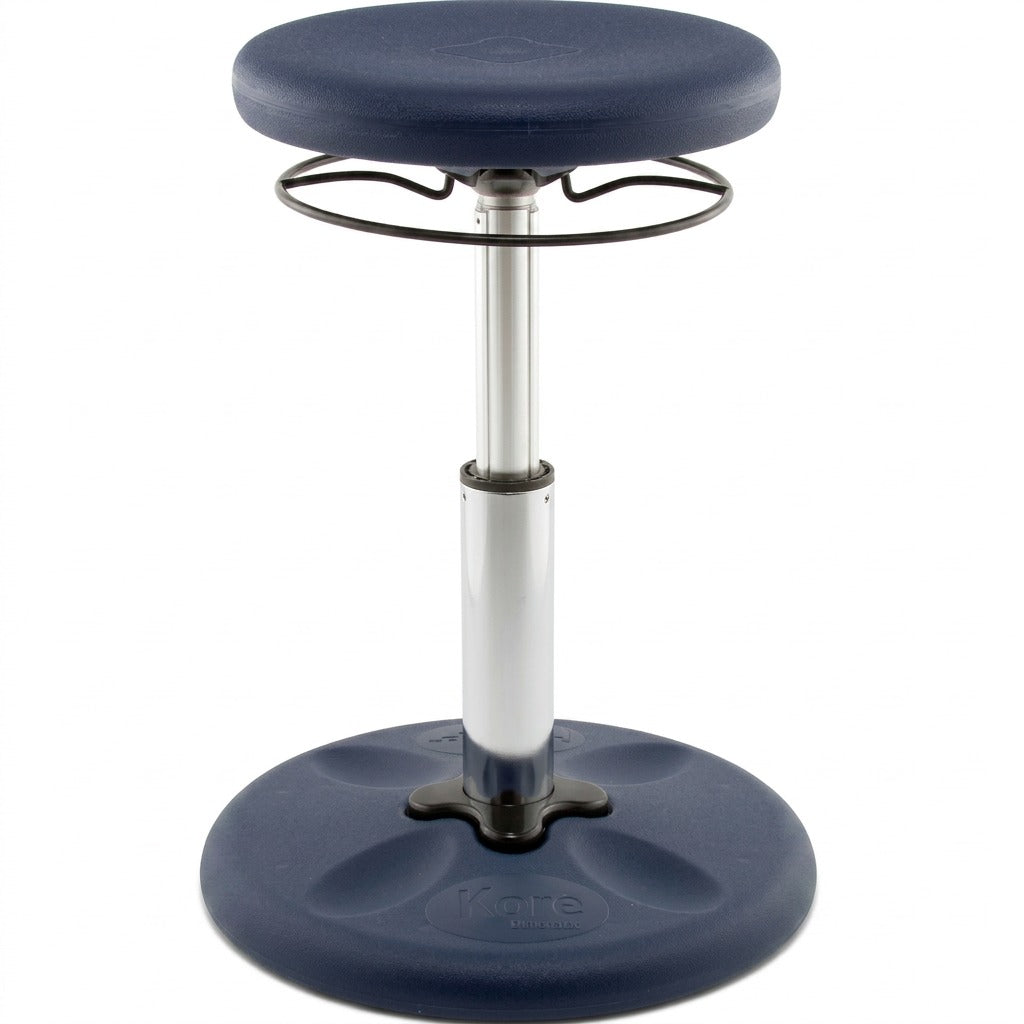 fdmt Kore Adjustable Wobble Stool in dark blue with silver pneumatic lift and rounded base.