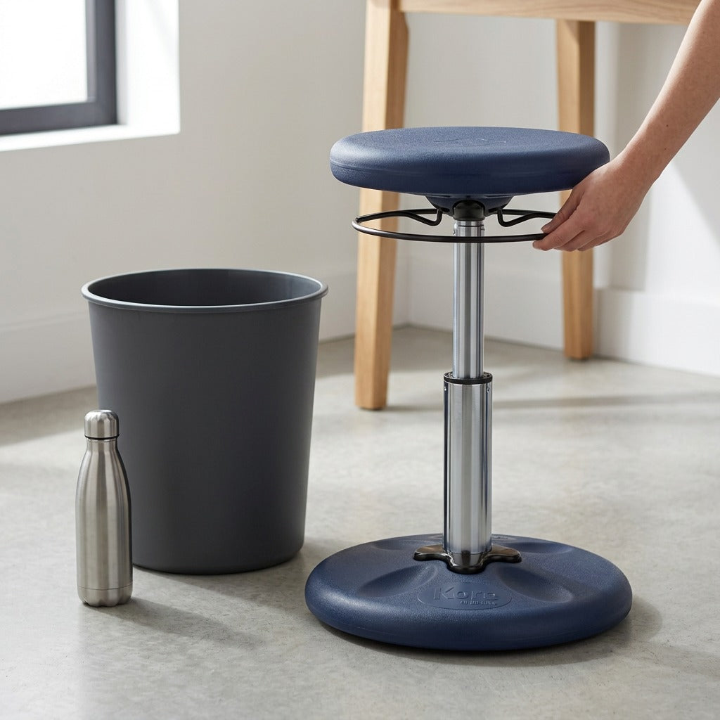 A Dark Blue Kore Adjustable Wobble Stool shown for scale next to a wastebasket and water bottle.
