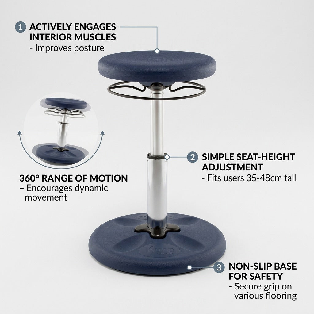 fdmt Kore Adjustable Wobble Stool infographic showing 360-degree motion and 35-48cm height adjustment.