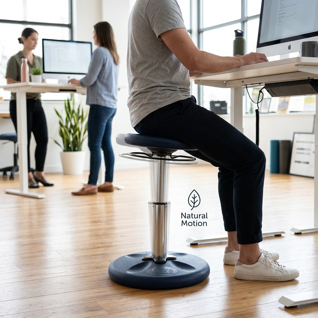 Person using a dark blue fdmt Kore Adjustable Wobble Stool at a desk in a bright office setting.