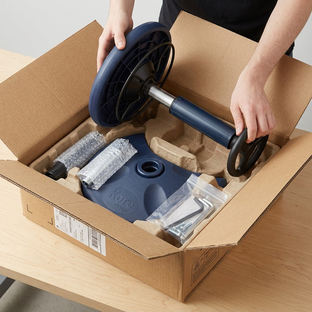 Unboxing the dark blue fdmt Kore Adjustable Wobble Stool components from protective cardboard packaging.