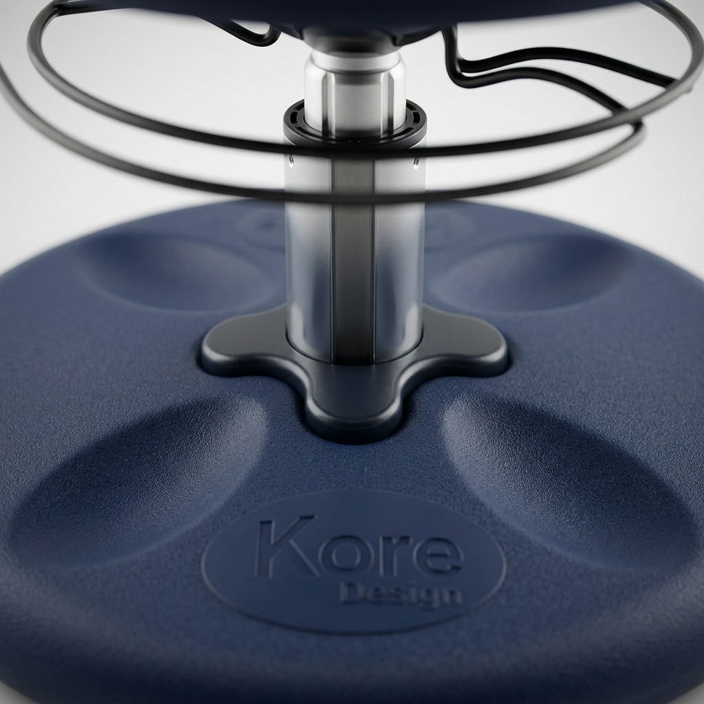 Macro close-up of the fdmt Kore Adjustable Wobble Stool's dark blue base and height-adjust piston.
