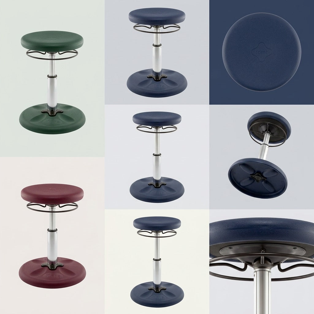 Grid showing the fdmt Kore Adjustable Wobble Stool in blue, green, and red from various angles.
