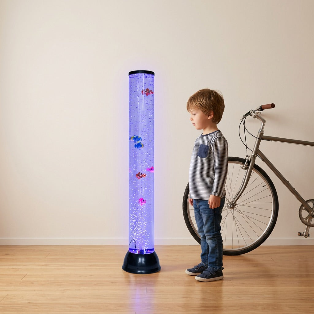 82cm fdmt Bubblebeam sensory tube with purple LEDs and fish beside a child and bike for scale.