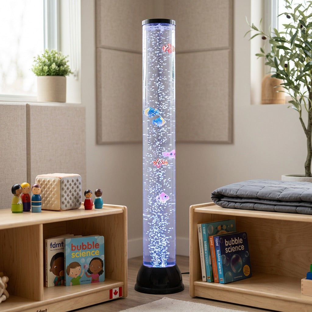 fdmt Bubblebeam 82cm sensory bubble tube with LED lighting and fish in a calm playroom environment.