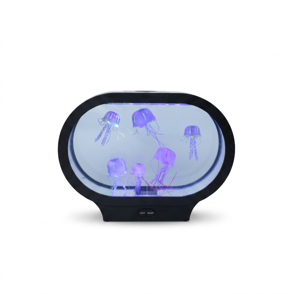 fdmt Jellyzen Oval Jellyfish Lamp with realistic glowing jellyfish and blue LED sensory lighting.
