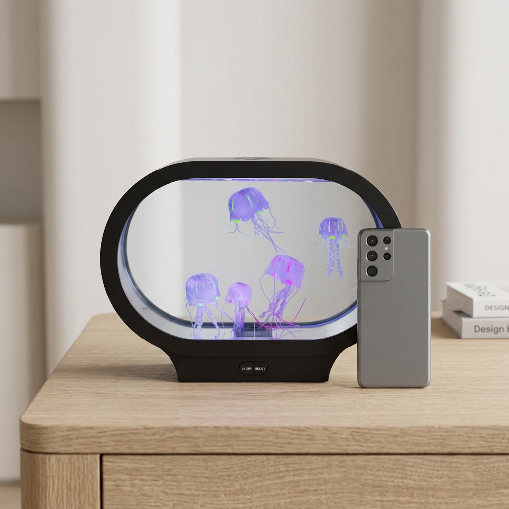 fdmt Jellyzen Oval Jellyfish Lamp on a desk next to a smartphone for size reference.