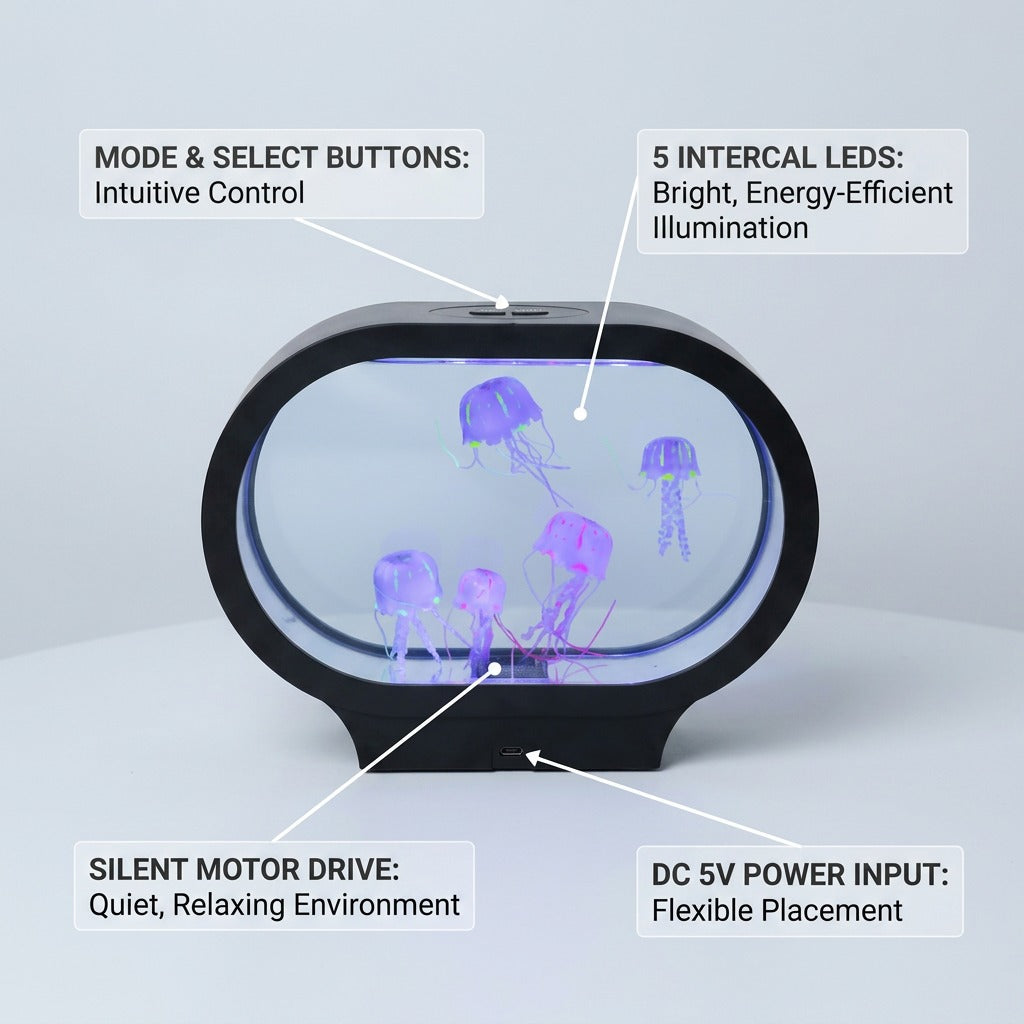 fdmt Jellyzen Oval Jellyfish Lamp features: control buttons, 5 LEDs, silent motor, and 5V input.