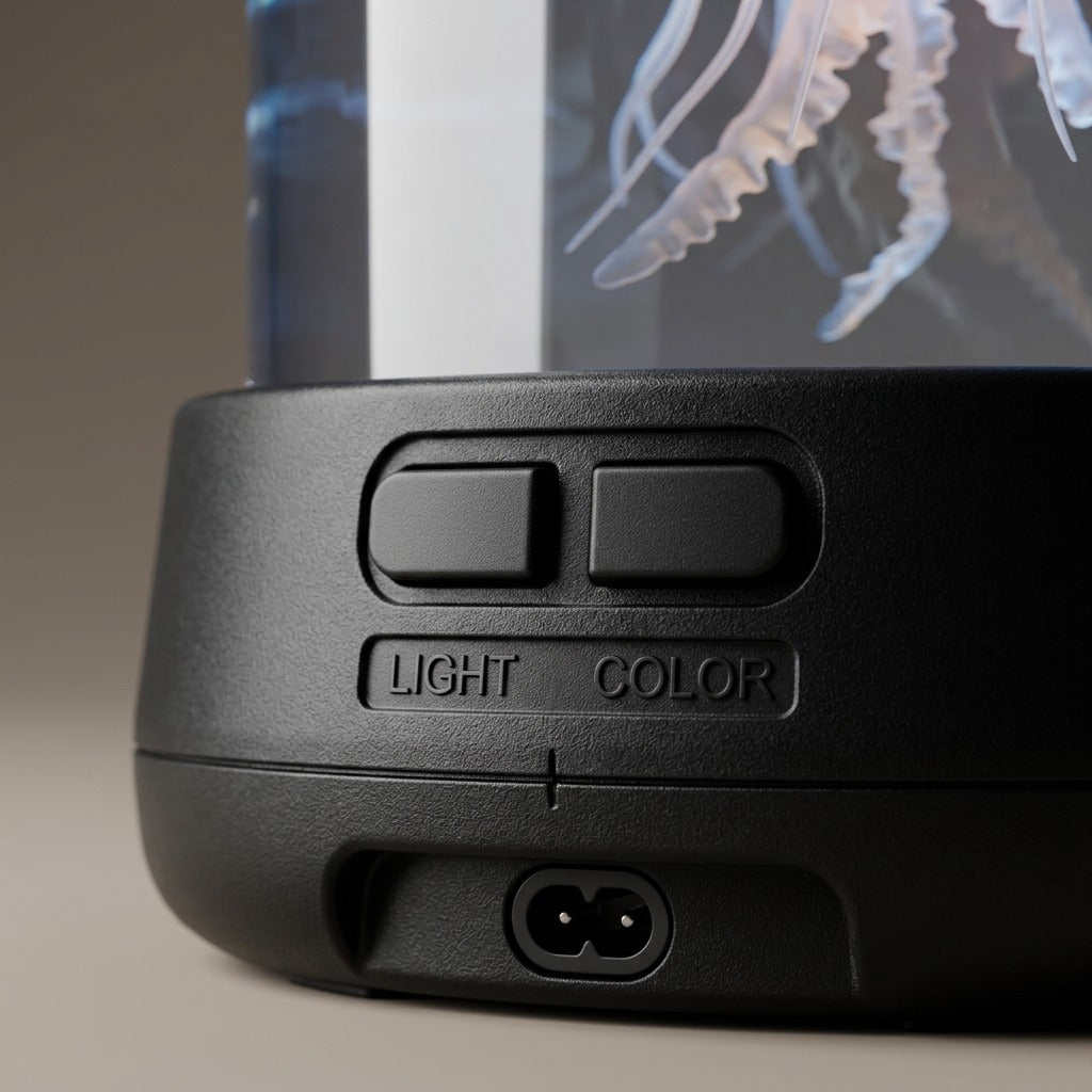 Macro view of fdmt Jellyzen lamp base showing Light and Color buttons and power port.