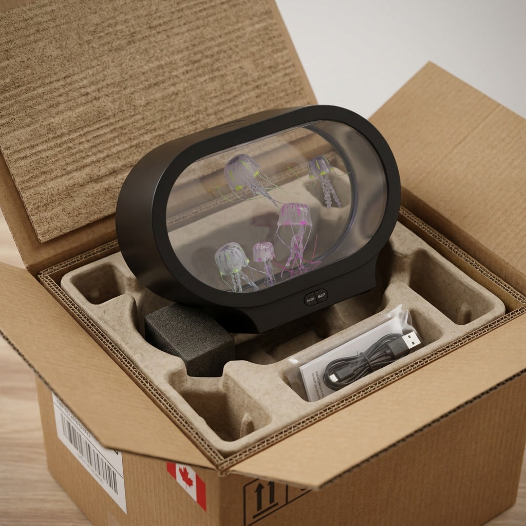 A fdmt Jellyzen Oval Jellyfish Lamp securely packaged in a cardboard shipping box with molded inserts.