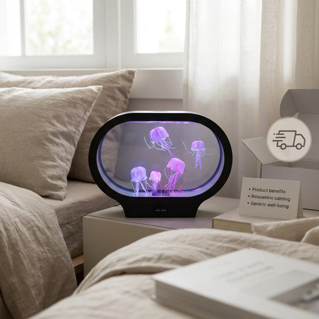 fdmt Jellyzen Oval Jellyfish Lamp with glowing purple LED jellyfish on a calm bedroom nightstand.