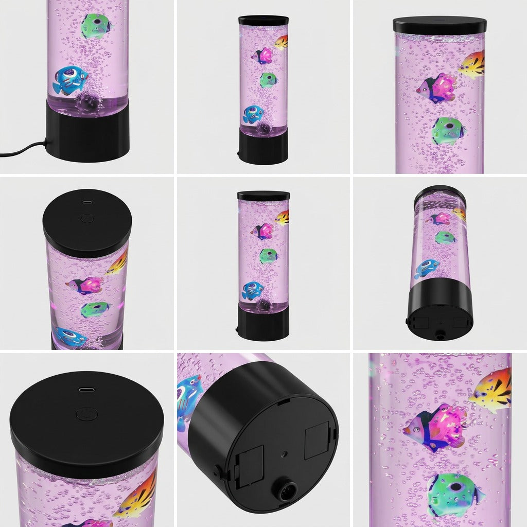 Grid showing multiple angles of fdmt Bubblebloom Mini Bubble Tube with purple light and toy fish.