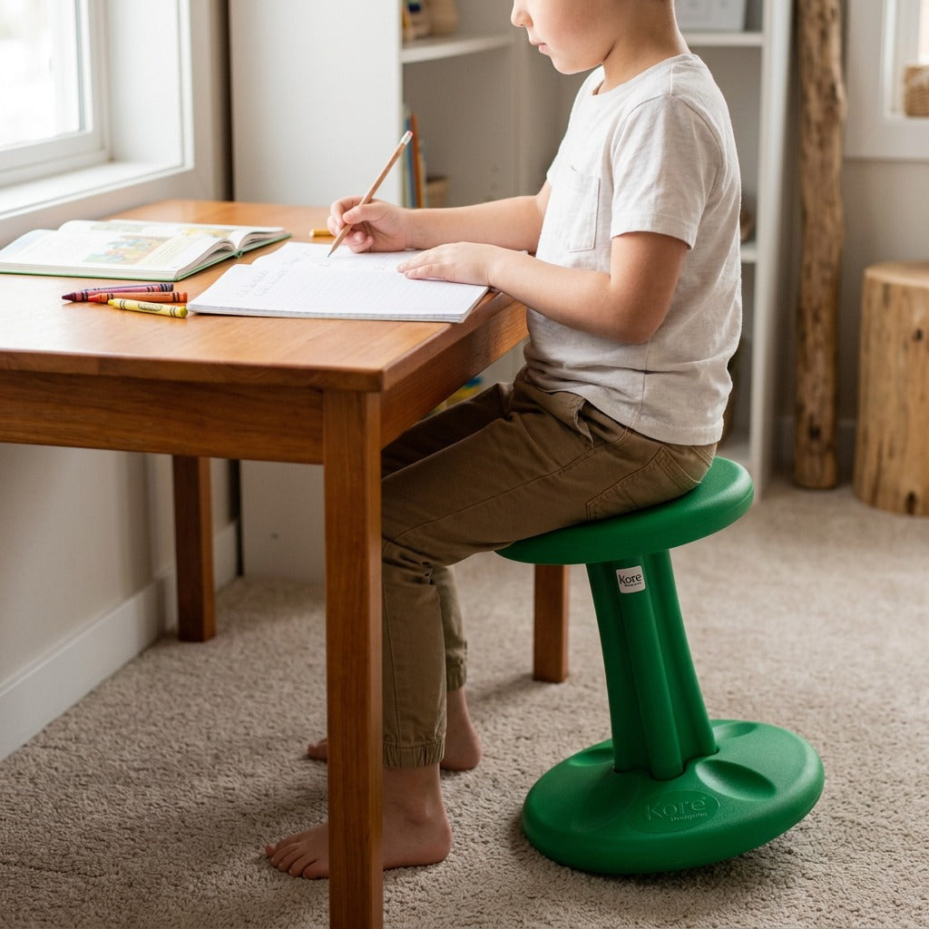 A child sits on a green 36cm fdmt Kore Wobble Stool while writing at a wooden desk.