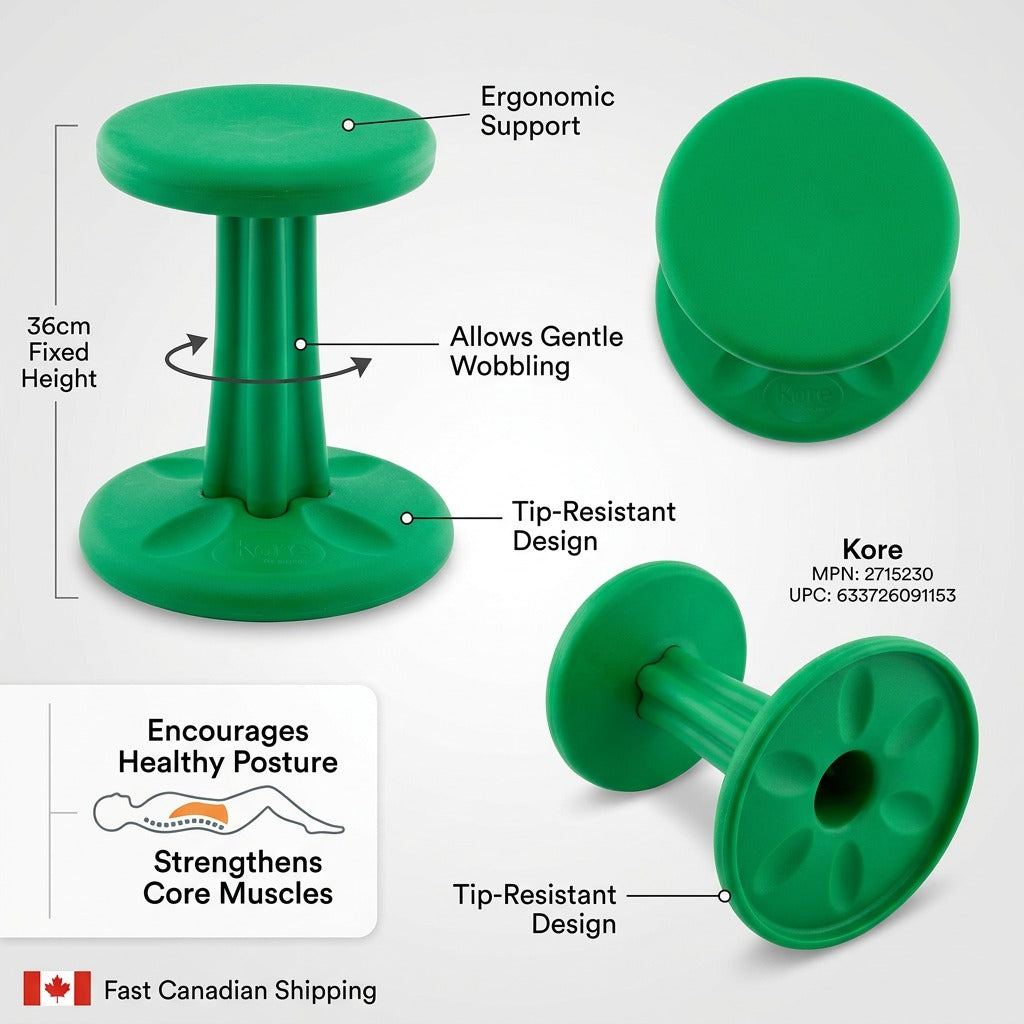 Feature graphic of the green 36cm fdmt Kore Wobble Stool highlighting the tip-resistant design.