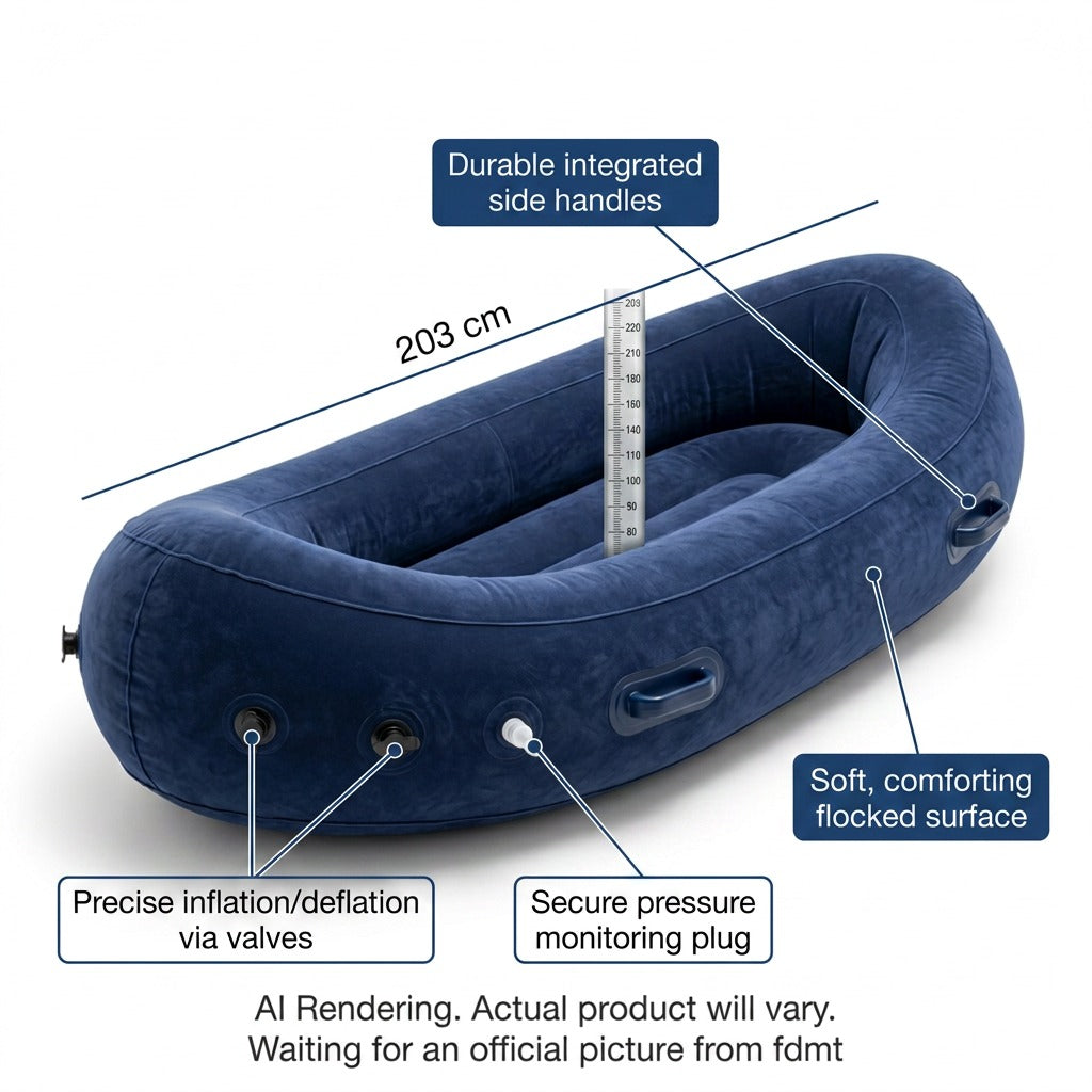 Blue 203 cm fdmt Inflatable Peapod with callouts for valves, side handles, and flocked surface.