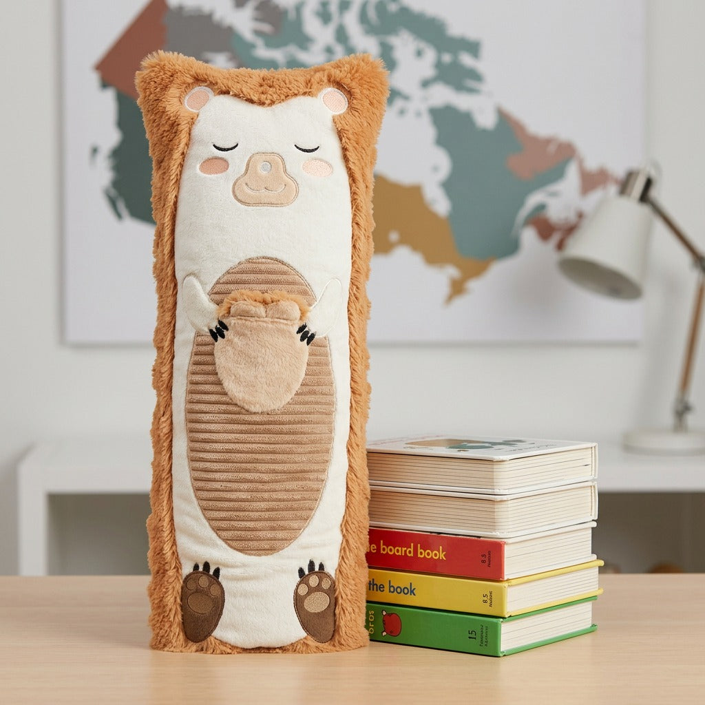 Manimo Paco the Hedgehog 3lb weighted sleep aid standing next to a stack of books for scale.